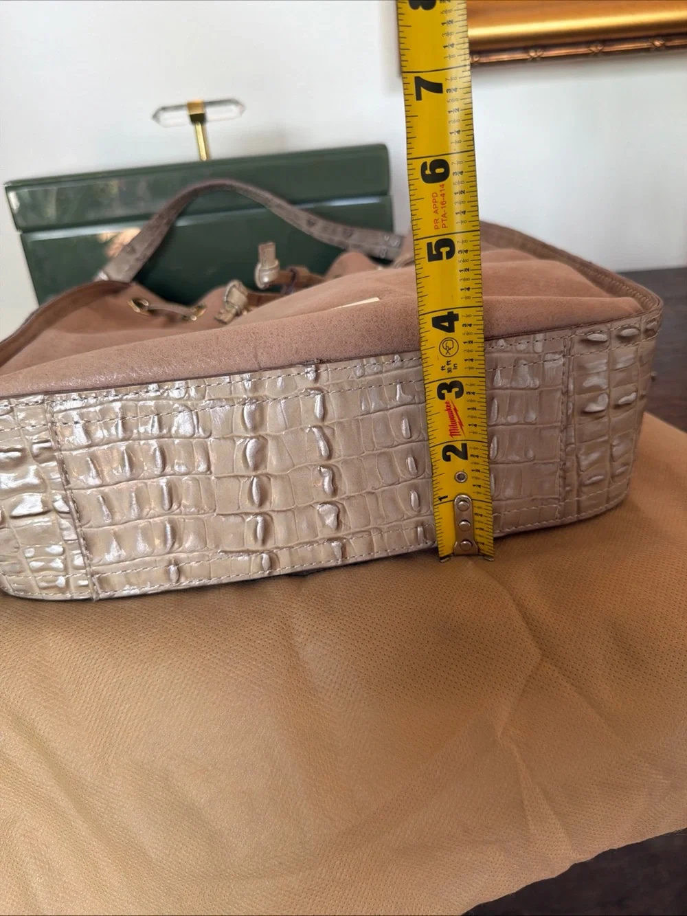 Brahmin Blush Taupe Drawstring Hobo Bucket Bag alligator embossed Tassel